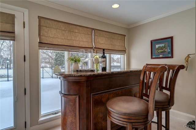 bar featuring ornamental molding, a dry bar, and a wealth of natural light