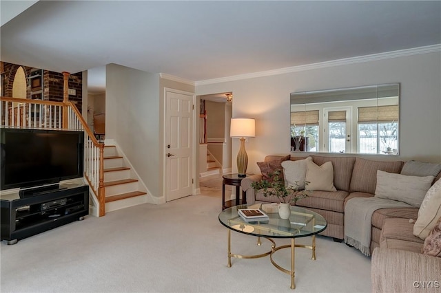 living room featuring carpet flooring, crown molding, stairway, and baseboards