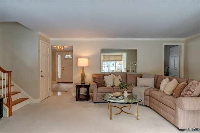 living area featuring light carpet, crown molding, and stairway