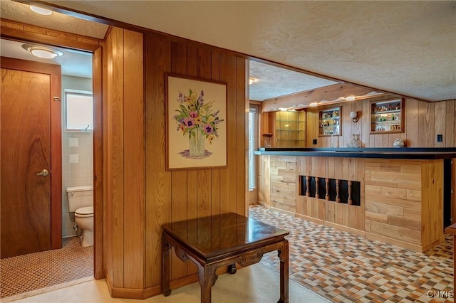 bar with a glass covered fireplace, wood walls, and a textured ceiling