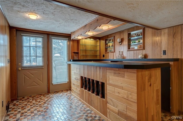 bar with a textured ceiling, a dry bar, and wood walls