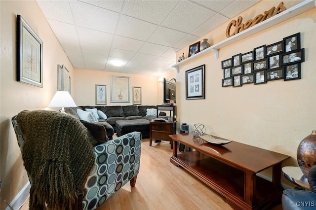 living room featuring a paneled ceiling and wood finished floors