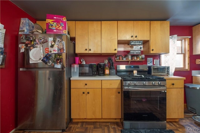 kitchen featuring stainless steel appliances, open shelves, and light countertops