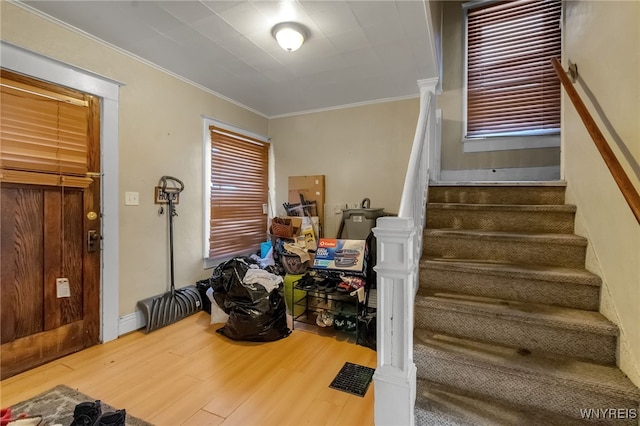 interior space featuring ornamental molding and wood finished floors