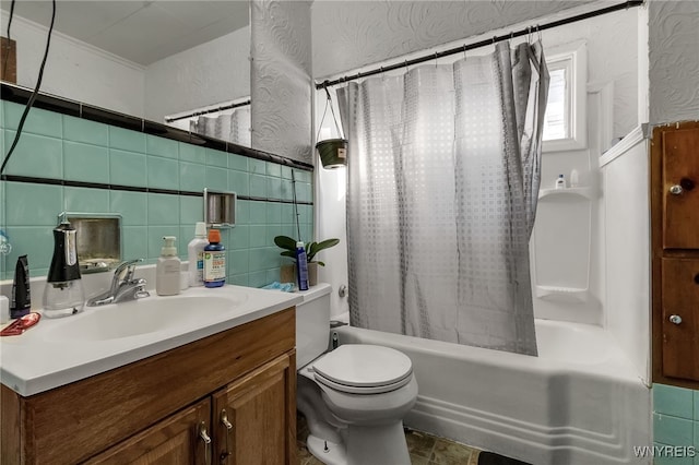 full bath featuring a textured wall, toilet, vanity, tile walls, and shower / bath combination with curtain