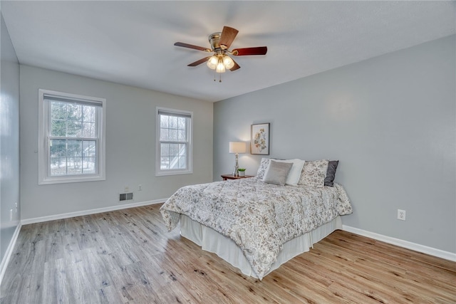 bedroom with light wood-type flooring, visible vents, and baseboards