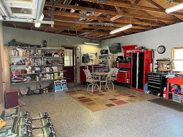 garage with a workshop area