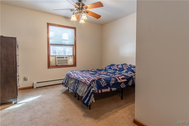 bedroom featuring baseboards, a ceiling fan, light colored carpet, cooling unit, and a baseboard heating unit