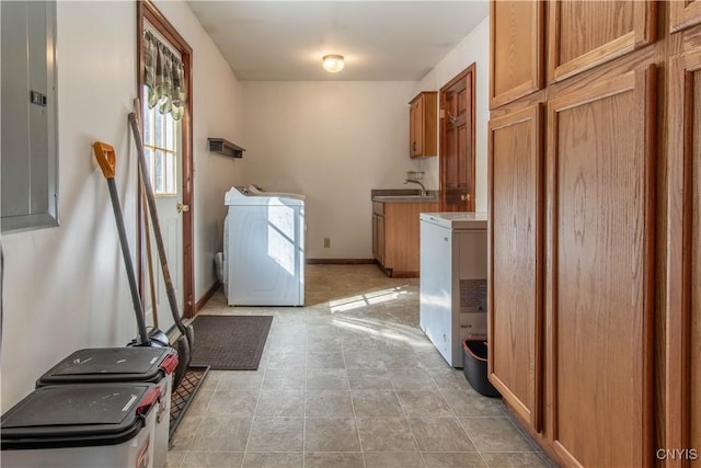 laundry area featuring baseboards, separate washer and dryer, cabinet space, and electric panel