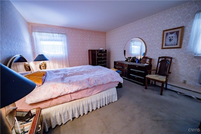 carpeted bedroom with wallpapered walls