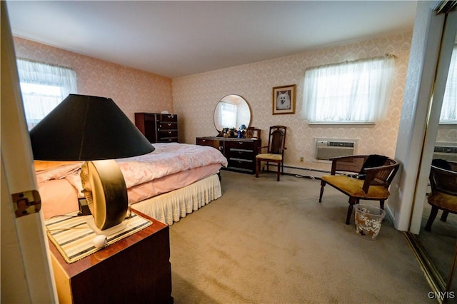 bedroom with carpet, a wall mounted air conditioner, and wallpapered walls