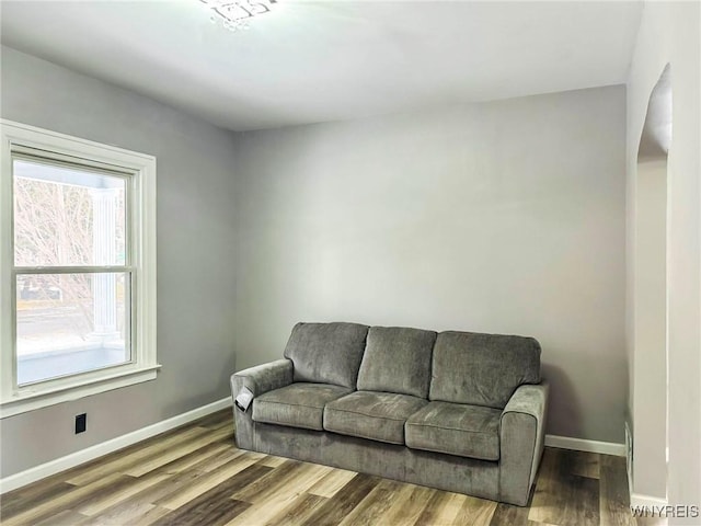 living area with baseboards and wood finished floors