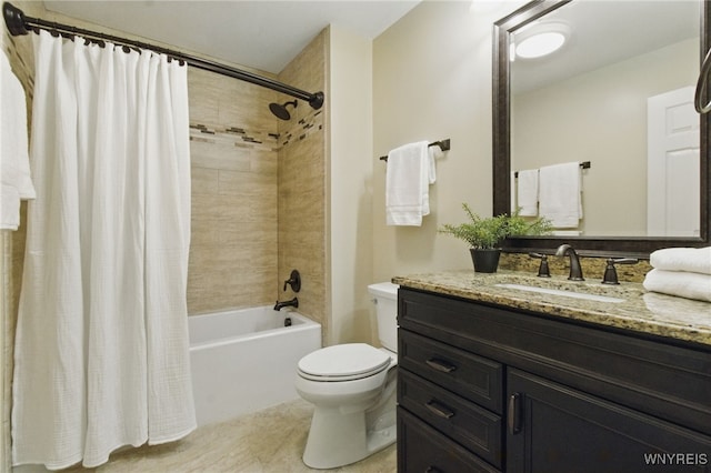 full bathroom with shower / bathtub combination with curtain, tile patterned flooring, vanity, and toilet