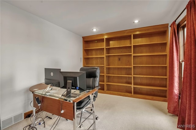 carpeted home office with recessed lighting, visible vents, and baseboards