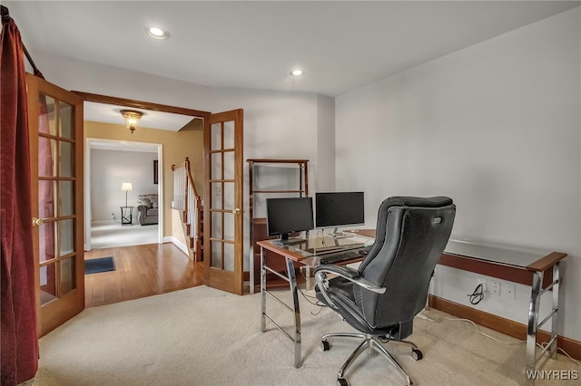 carpeted office with recessed lighting, french doors, and baseboards