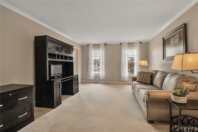 living area with light carpet, baseboards, and ornamental molding