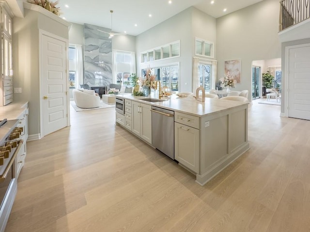 kitchen featuring light wood finished floors, appliances with stainless steel finishes, open floor plan, and a sink