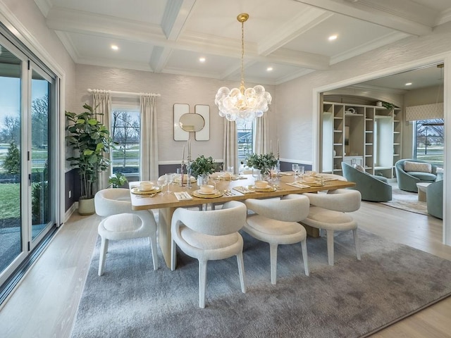 dining area with a healthy amount of sunlight, coffered ceiling, beamed ceiling, and wood finished floors