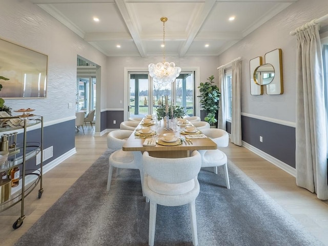 dining space featuring beam ceiling, recessed lighting, an inviting chandelier, light wood-style floors, and coffered ceiling