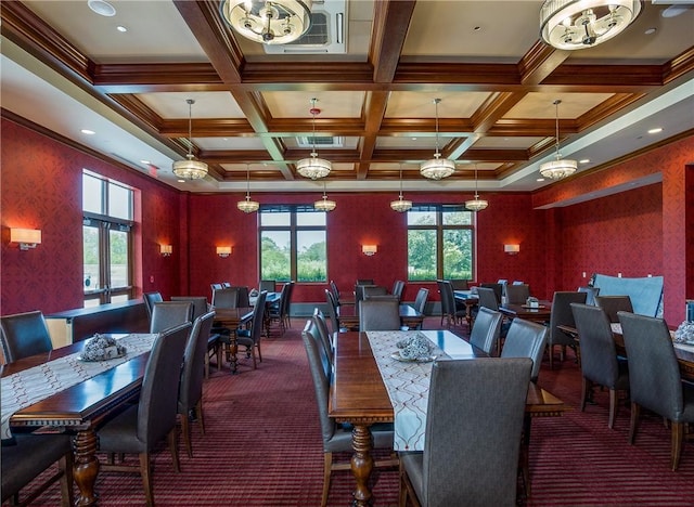 dining area featuring carpet floors, french doors, plenty of natural light, and wallpapered walls