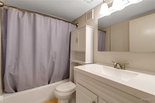 bathroom with toilet, visible vents, shower / tub combo with curtain, and vanity