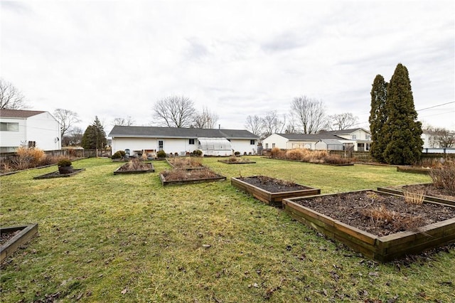 view of yard with a fenced backyard and a vegetable garden