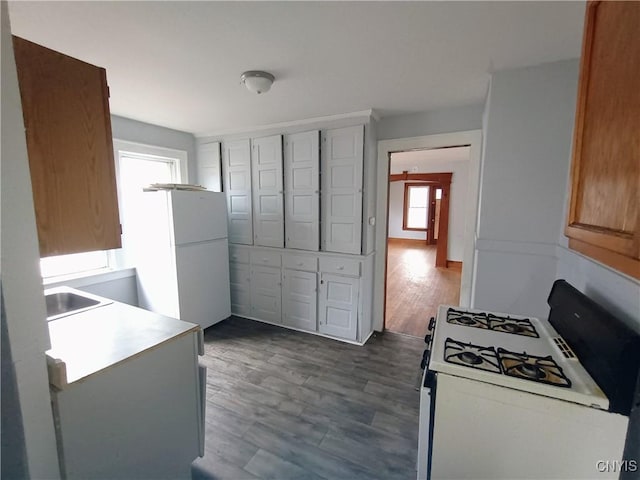 kitchen with white appliances, light countertops, dark wood finished floors, and a sink