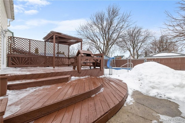 snow covered deck with a fenced backyard