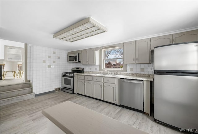 kitchen with light wood-style flooring, stainless steel appliances, a sink, light countertops, and gray cabinets