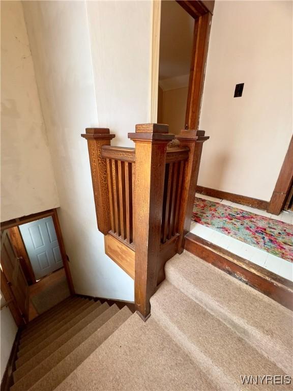 stairway featuring carpet flooring