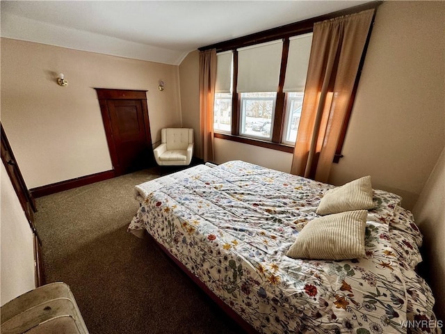 bedroom with carpet floors, vaulted ceiling, and baseboards