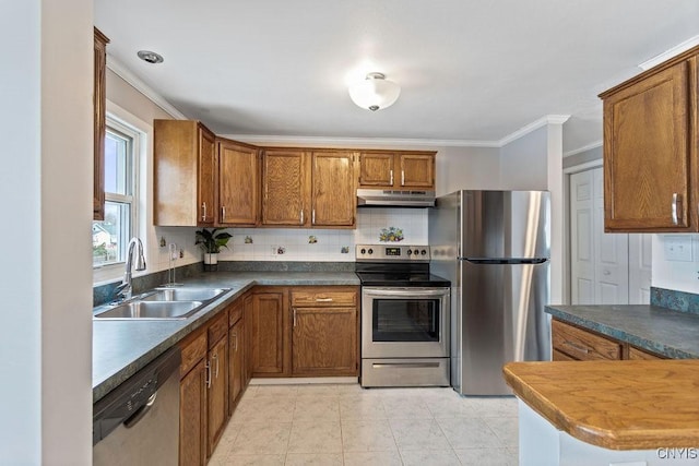 kitchen featuring stainless steel appliances, brown cabinets, a sink, and under cabinet range hood