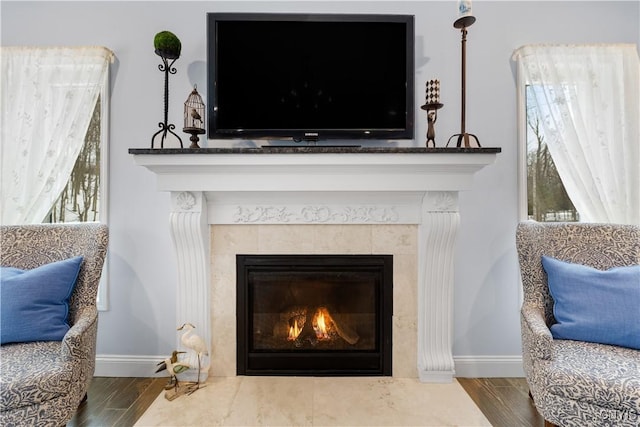 details with wood finished floors, a fireplace with flush hearth, and baseboards