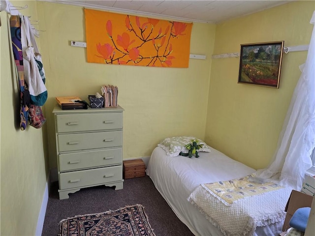 bedroom with dark carpet