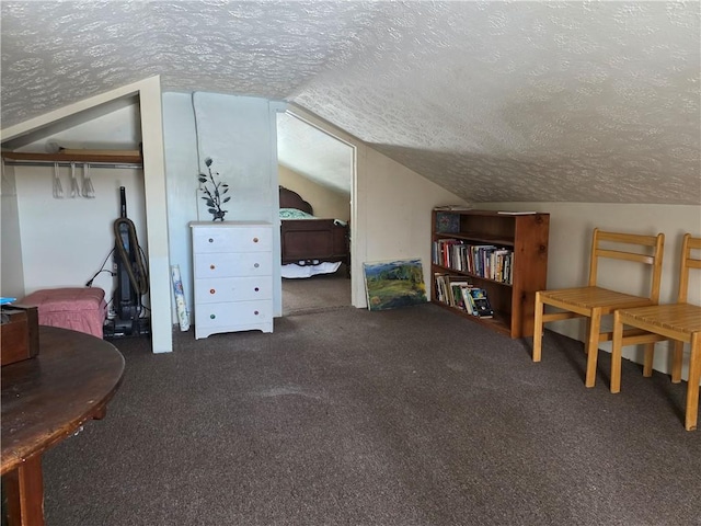 additional living space featuring carpet flooring, vaulted ceiling, and a textured ceiling