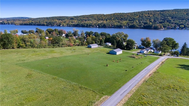 aerial view featuring a forest view and a water view