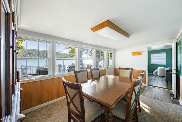 dining room featuring a wainscoted wall, wood walls, and a water view