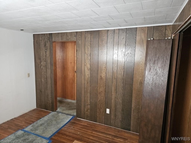 unfurnished room featuring wood walls and wood finished floors