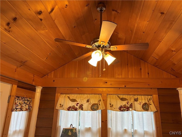 details featuring wood ceiling, ceiling fan, and wooden walls