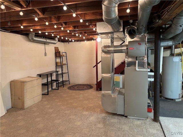 unfinished below grade area featuring gas water heater and heating unit