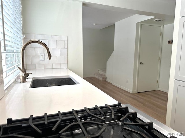 room details with wood finished floors, baseboards, a sink, light countertops, and tasteful backsplash