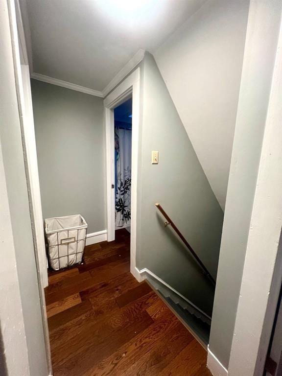 staircase featuring baseboards, wood finished floors, and ornamental molding