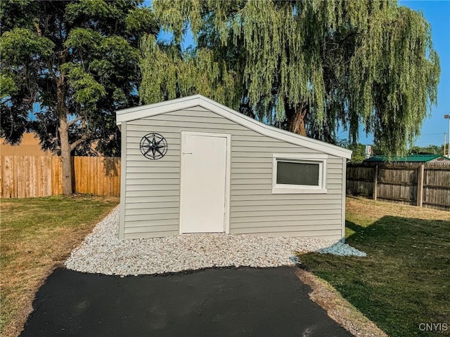 view of shed with a fenced backyard