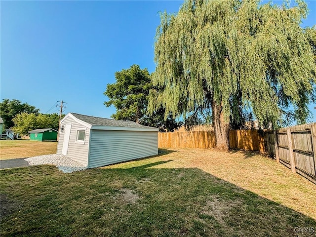 view of yard with an outdoor structure and a fenced backyard