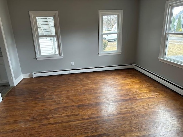 unfurnished room featuring dark wood-style floors and a baseboard radiator