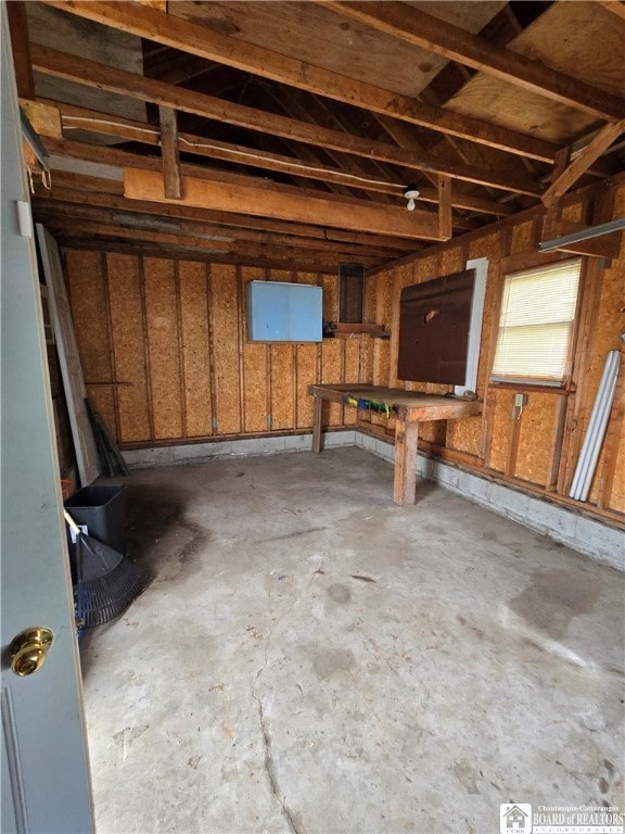 garage with a wood stove