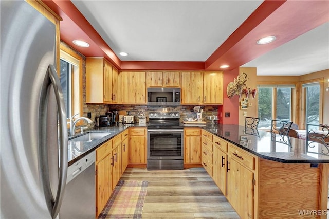 kitchen featuring a peninsula, a sink, appliances with stainless steel finishes, light wood-type flooring, and tasteful backsplash