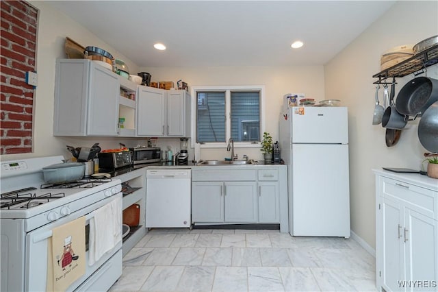 kitchen featuring white appliances, marble finish floor, open shelves, a sink, and recessed lighting