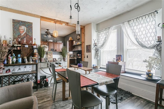 dining room featuring a textured ceiling, a ceiling fan, and wood finished floors