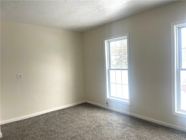 carpeted spare room featuring plenty of natural light, baseboards, and a textured ceiling